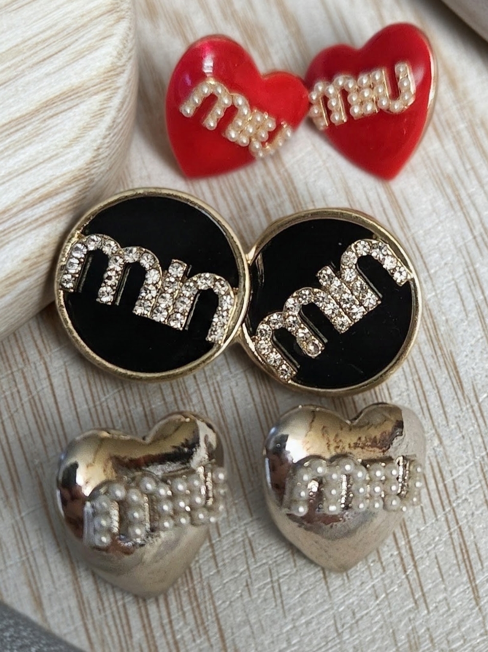 Miu Miu Red Heart, Black Round & Silver Heart Stud Earring Set